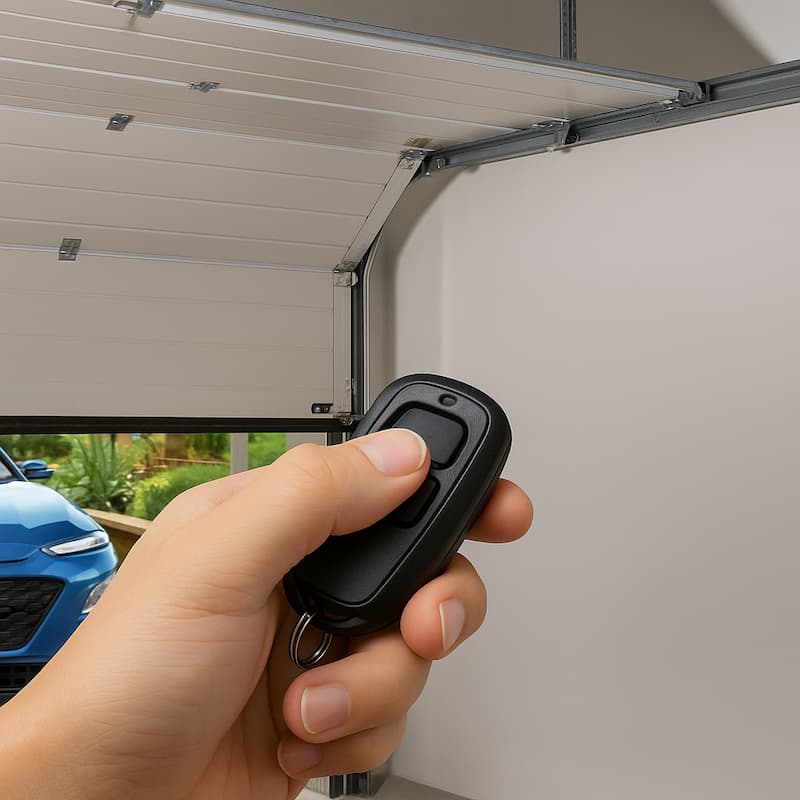 Mano pulsando el mando para abrir una puerta de garaje automática seccional en Pontevedra