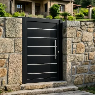 Cancela de aluminio Modelo Silgar en gris antracita, con lamas horizontales ciegas e inserciones inox, integrada en un muro de piedra en la entrada ajardinada de una vivienda