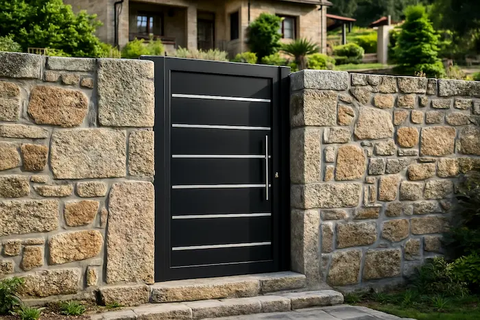 Cancela de aluminio Modelo Silgar en gris antracita, con lamas horizontales ciegas e inserciones inox, integrada en un muro de piedra en la entrada ajardinada de una vivienda