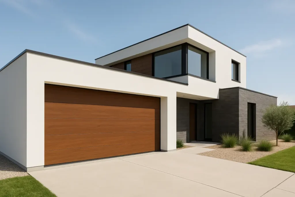 Fachada de casa moderna con garaje automático seccional, diseño contemporáneo e inspiración para puertas de garaje en viviendas unifamiliares