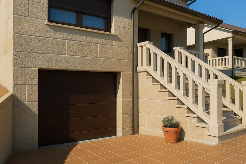 Instalación de puerta seccional automática en acabado madera oscura en vivienda de Poio