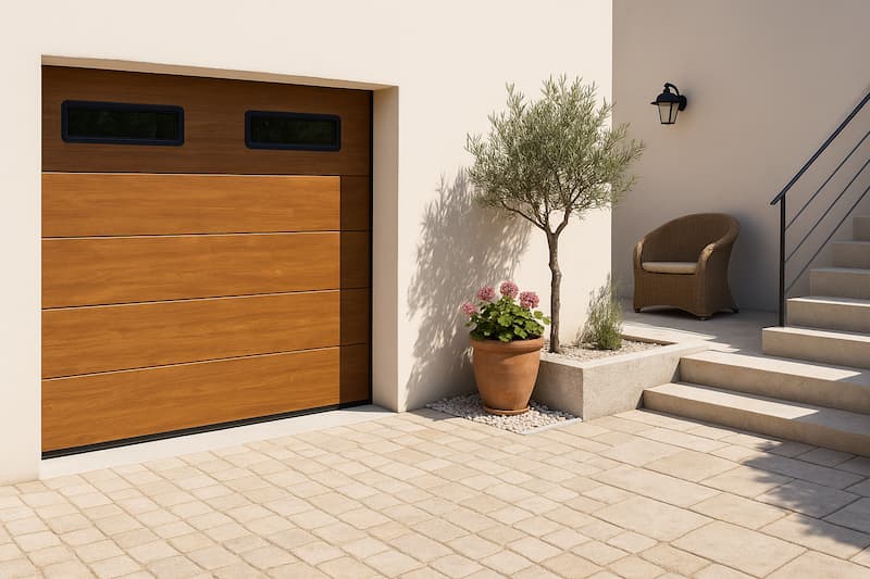 Puerta de garaje seccional color madera con ventanas horizontales, acompañada de olivo en maceta, escalera con barandilla y fachada de estilo contemporáneo