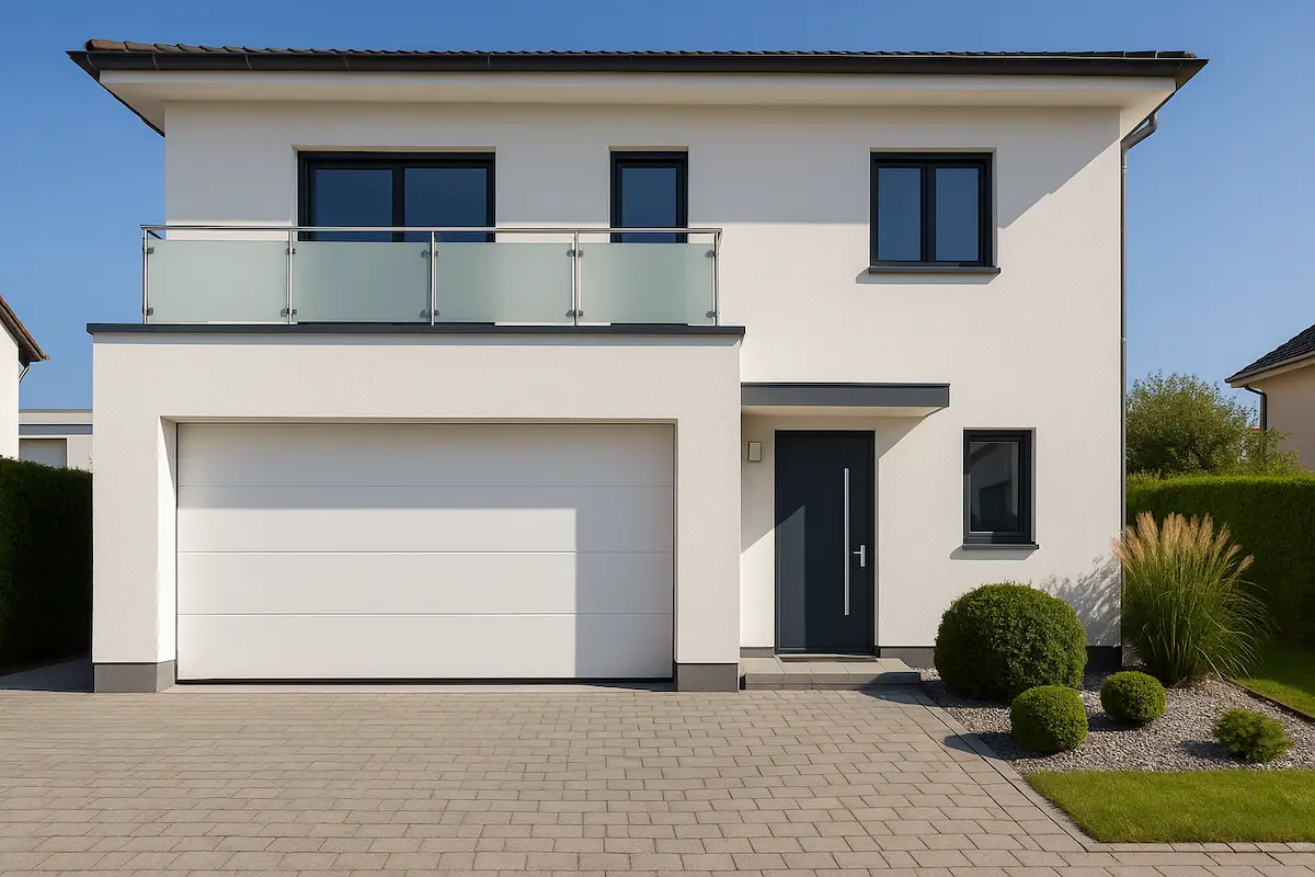 Puerta de garaje seccional blanca instalada en una casa moderna en Sanxenxo. Ofrecemos instalación de puertas de garaje automáticas en Pontevedra y toda la zona de Sanxenxo con garantía y acabados de calidad.