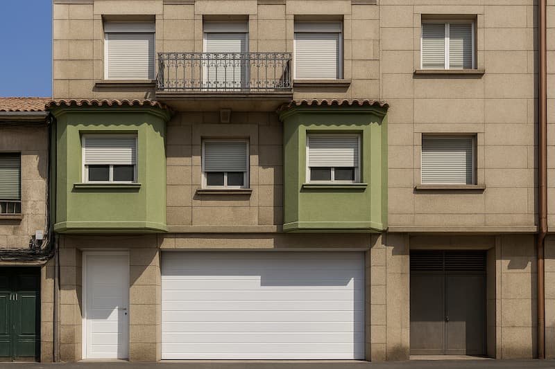 Puerta de garaje blanca con acceso peatonal instalada en edificio residencial del centro urbano de Marín