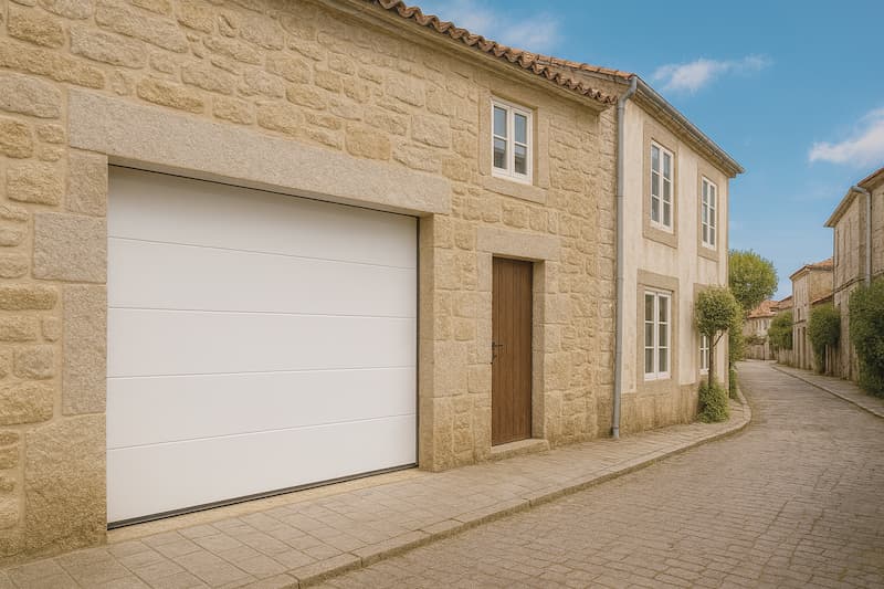 Puerta de garaje automática seccional blanca instalada en una vivienda de piedra en Santiago de Compostela