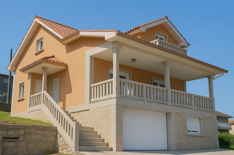 Puerta automática de garaje blanca instalada en casa unifamiliar en Poio