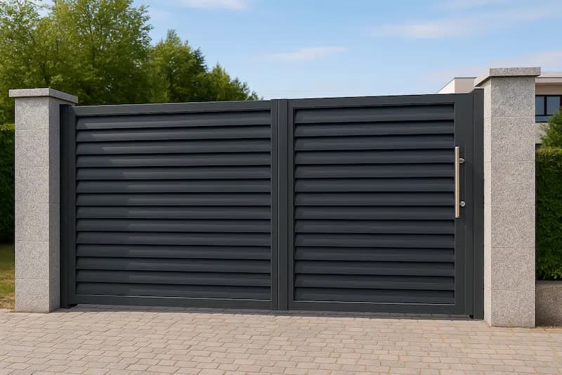 Portal de aluminio abatible de dos hojas con lamas horizontales en color RAL 7016, instalado en Santiago de Compostela