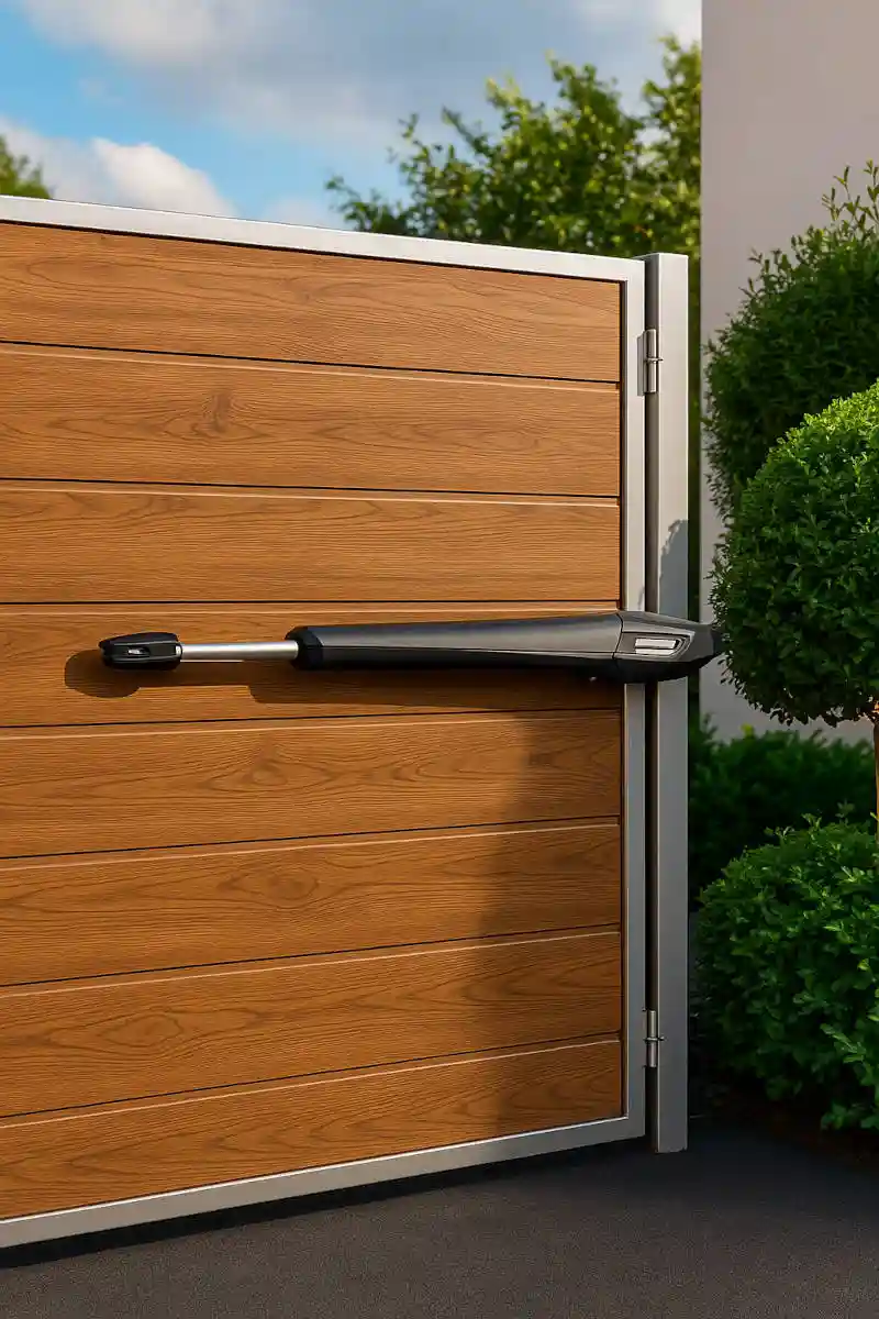 Detalle de portal batiente de aluminio acabado imitación madera con motor automático para entrada residencial