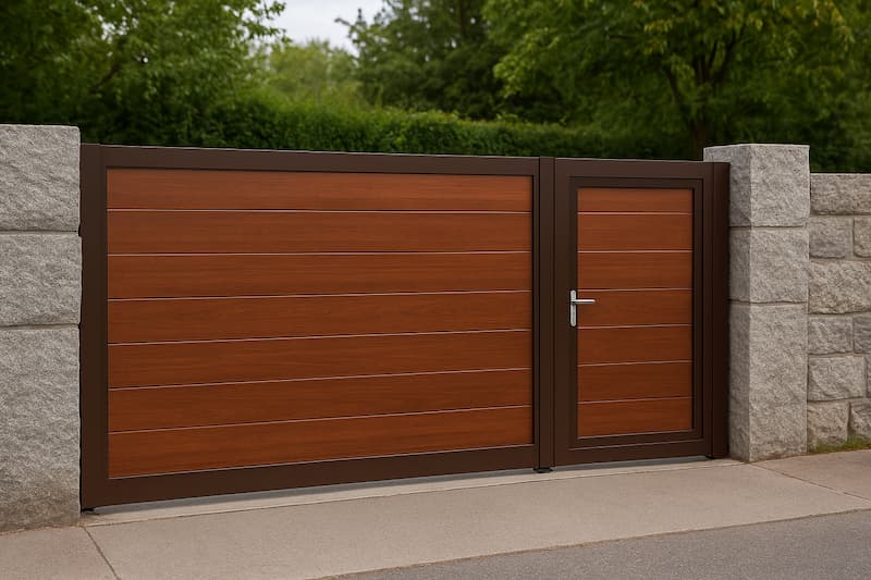 Portal de aluminio corredera con acabado madera y puerta peatonal integrada en vivienda de Sanxenxo