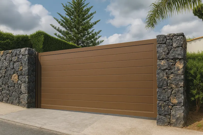 Vista frontal de un portal corredera de aluminio marrón integrado en un muro de piedra, diseño moderno y resistente para exteriores.