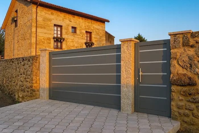 Portal corredera de aluminio soldado, lacado en gris antracita, con cancela peatonal integrada en fachada de piedra gallega al atardecer.