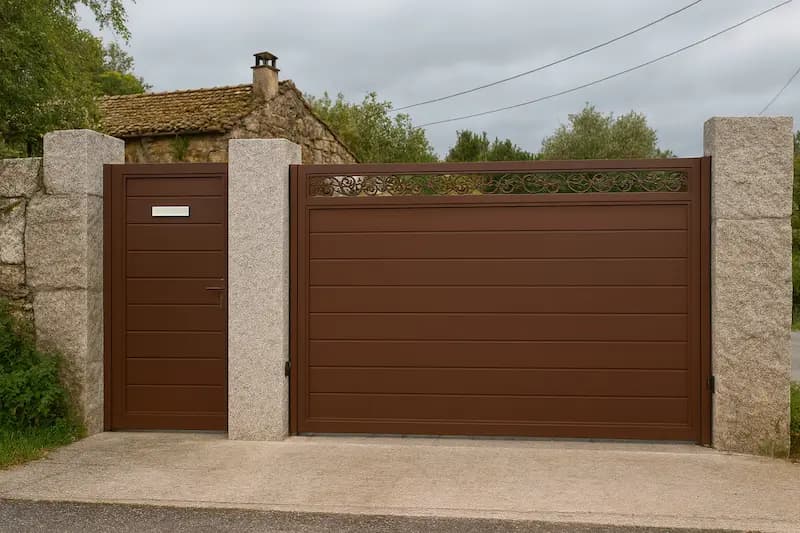 Portal de aluminio corredera marrón con paneles horizontales y friso decorativo, con puerta peatonal en Vilagarcía de Arousa