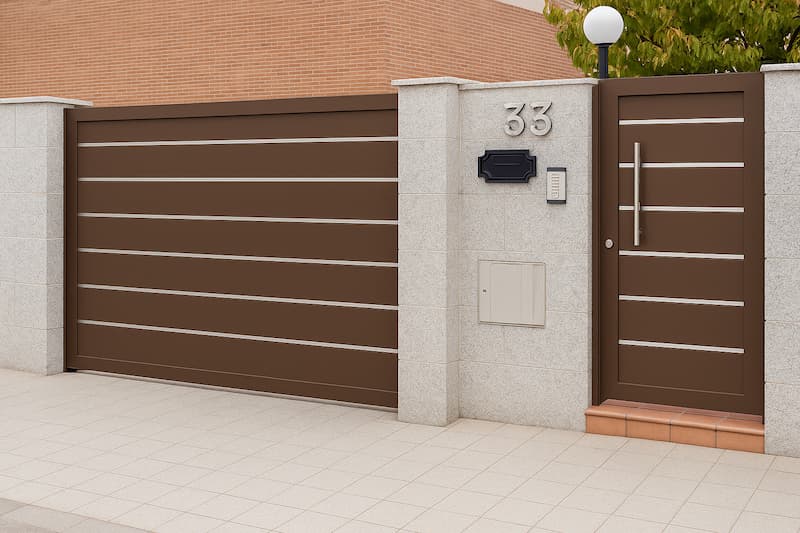 Portal de aluminio corredera marrón con líneas inox y puerta peatonal a juego en Pontevedra