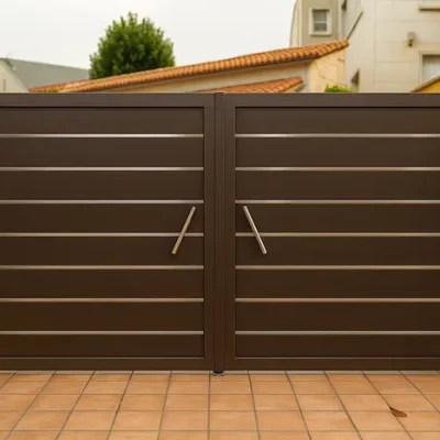 Portal de aluminio batiente de dos hojas Modelo Silgar en color marrón oscuro, con lamas horizontales ciegas e inserciones inox, instalado en la entrada de una vivienda