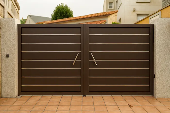 Portal de aluminio batiente de dos hojas Modelo Silgar en color marrón oscuro, con lamas horizontales ciegas e inserciones inox, instalado en la entrada de una vivienda