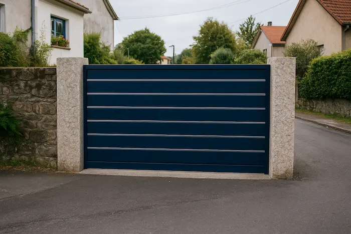 Portal de aluminio corredera Modelo Silgar en color azul noche RAL 5011 con líneas inox, instalado en la entrada asfaltada de una vivienda en Pontevedra