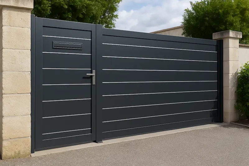 Portal de aluminio gris antracita con puerta peatonal integrada en entrada de chalet moderno