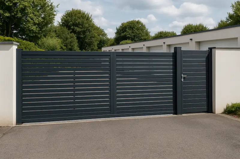 Portón corredero de aluminio gris oscuro con puerta peatonal lateral, diseñado para comunidades de vecinos y garajes compartidos, instalado entre muros blancos