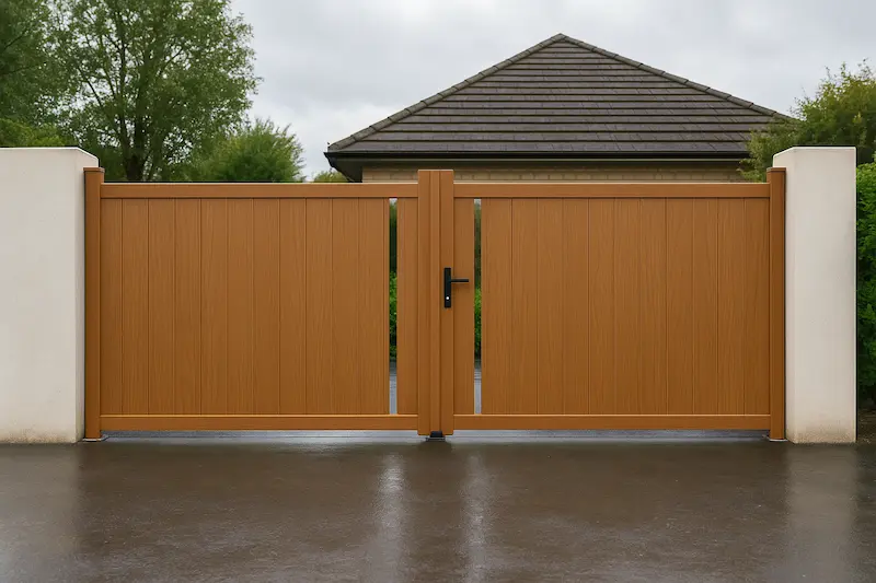 Portón de entrada de aluminio imitación madera de doble hoja con lamas verticales y marco robusto