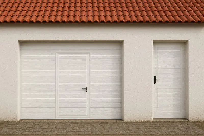 Puerta de garaje seccional gofrado acanalado blanca con puerta peatonal integrada