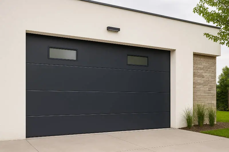 Puerta de garaje seccional lisa en color gris antracita RAL 7016 con dos ventanas rectangulares integradas, instalada en la fachada blanca de una casa moderna.