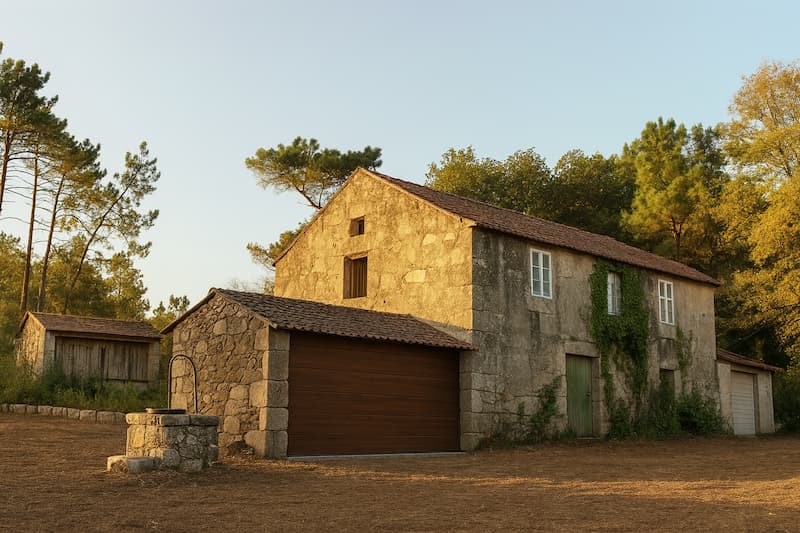 Puerta automática imitación madera instalada en casa de piedra en Caldas de Reis