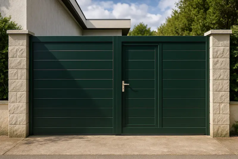 Puerta corredera de aluminio color verde oscuro con puerta peatonal central integrada y diseño de lamas horizontales
