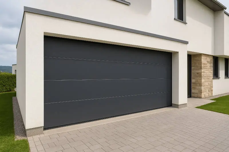 Puerta de garaje seccional lisa en color gris antracita RAL 7016 instalada en la fachada de una casa moderna con revestimiento blanco y detalles de piedra.