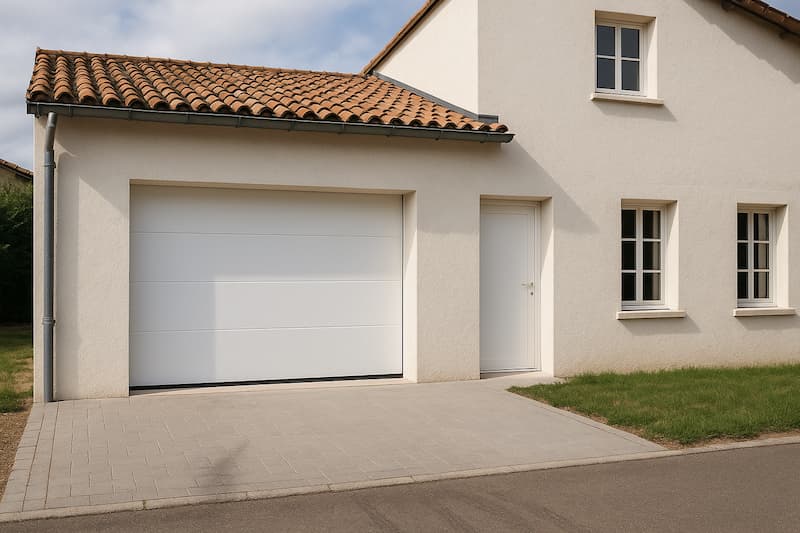 Instalación de puerta de garaje blanca con apertura automática en una vivienda unifamiliar de Roxos, Santiago de Compostela