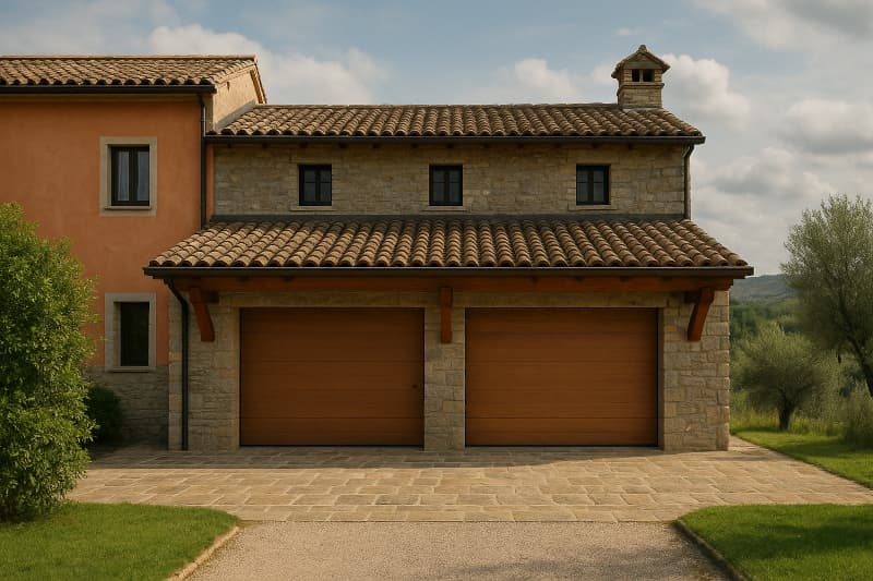 Puerta de garaje automática doble en Cornazo, Vilagarcía de Arousa Puerta de garage seccional doble automática color madera en fachada de piedra, Cornazo, Vilagarcía de Arousa (Pontevedra