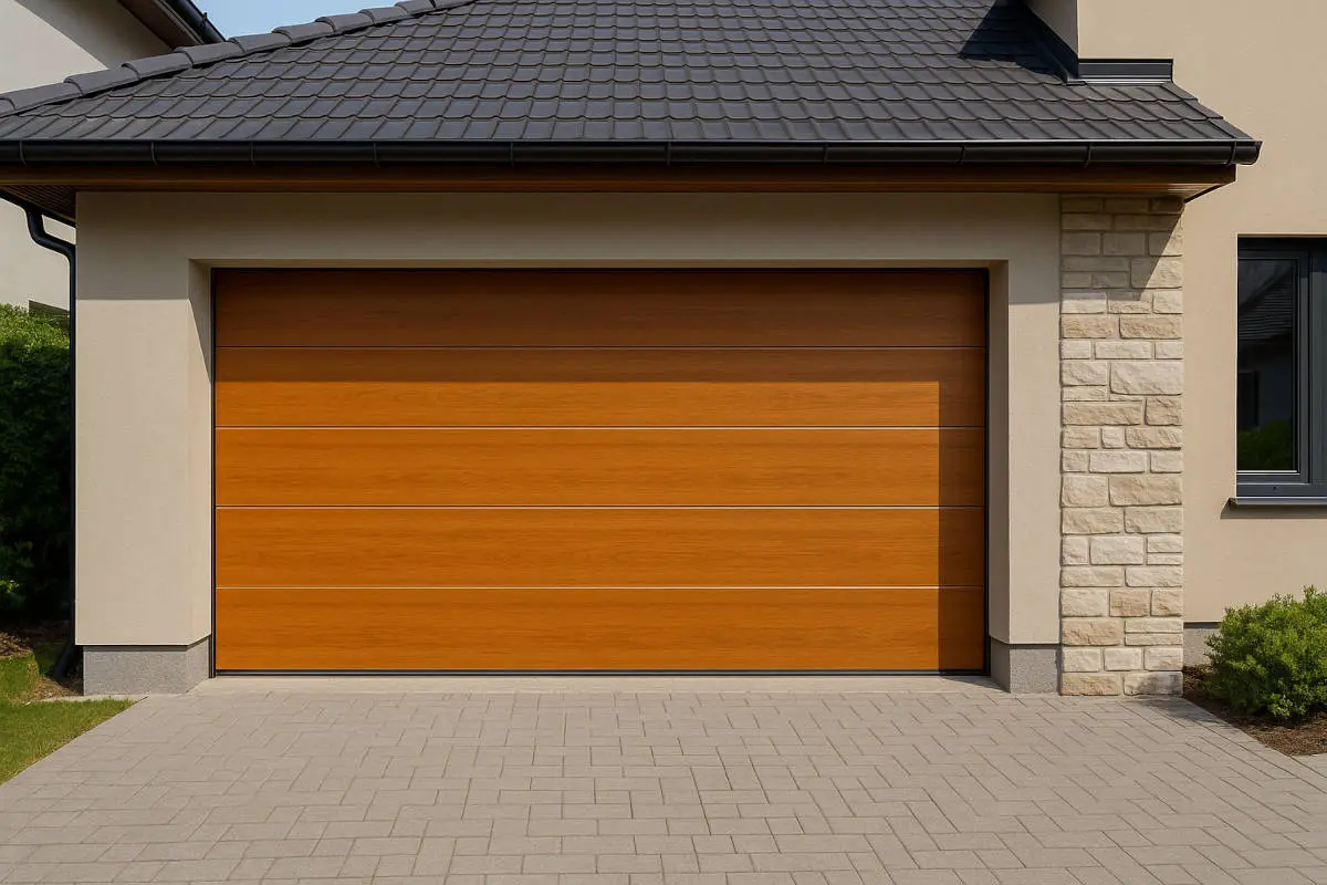 Puerta de garaje automática seccional lisa madera clara instalada en vivienda moderna en Pontevedra