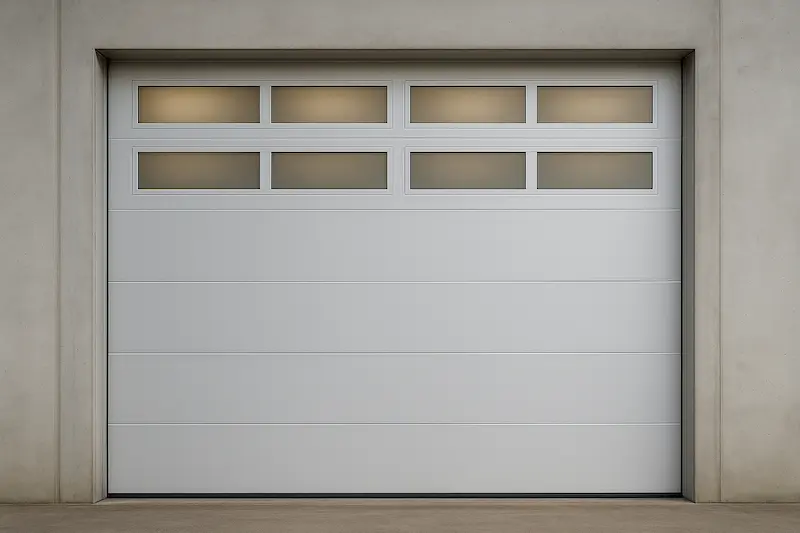 Puerta seccional de garaje en color blanco con dos hileras paralelas de ventanas rectangulares, diseño moderno y equilibrado.