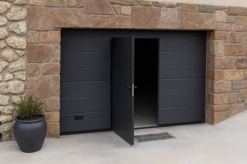 Puerta de garaje seccional gris antracita en Pontevedra con puerta peatonal entreabierta, rodeada de pared de piedra y decorada con maceta exterior