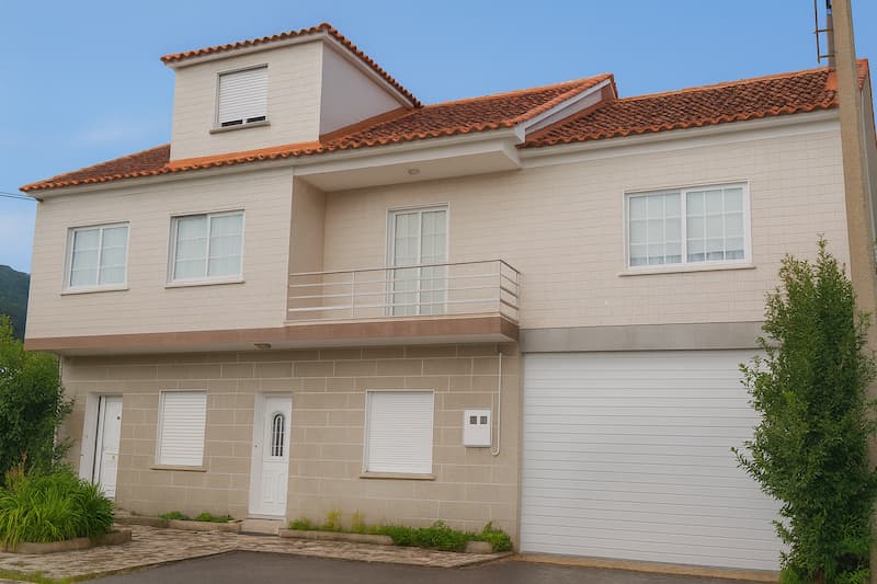 Puerta de garaje seccional acanalada blanca motorizada en fachada de vivienda moderna en Poio
