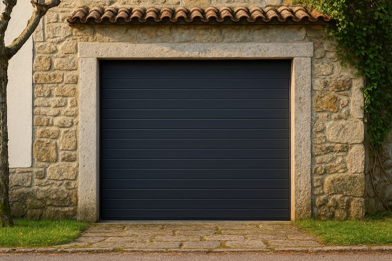 Puerta de garaje seccional acanalada gris antracita en Vigo Puerta de garaje seccional acanalada color gris antracita, sin ventanas, instalada en vivienda unifamiliar de Vigo (Galicia), con fachada moderna y suelo de entrada visibles.