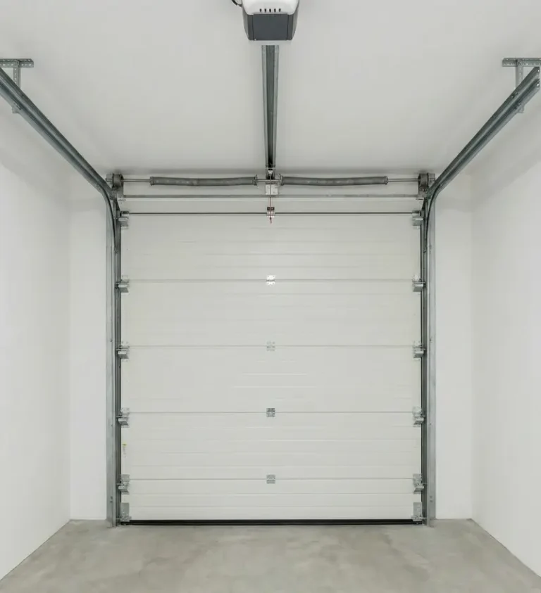 Puerta de garaje seccional automática blanca instalada, con guías laterales, muelle superior y motor de techo, en garaje limpio.