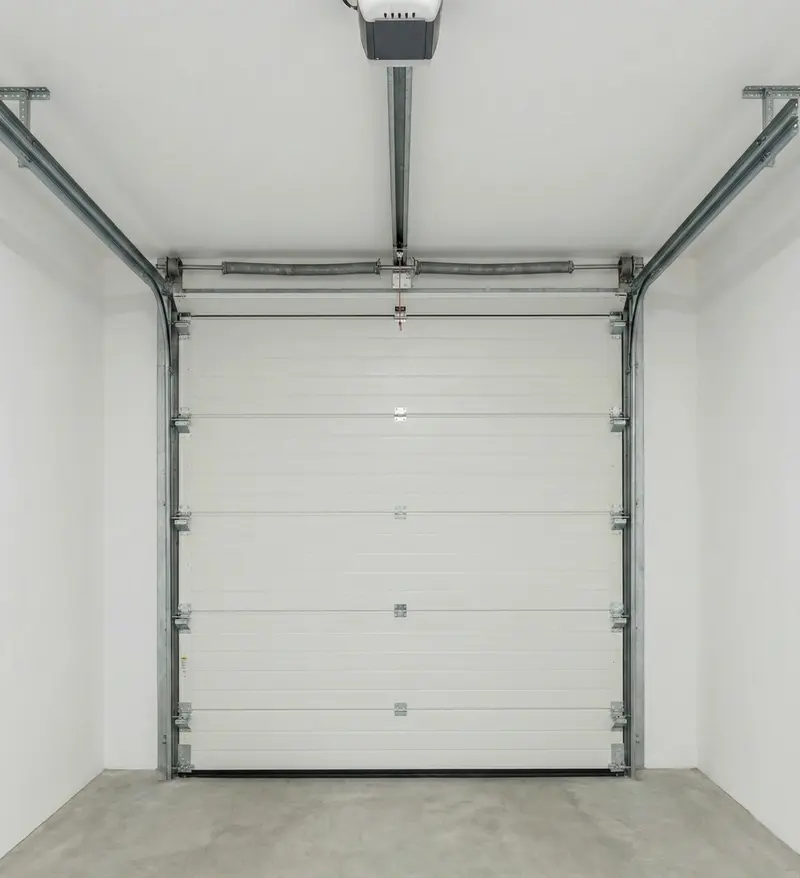 Puerta de garaje seccional automática blanca instalada, con guías laterales, muelle superior y motor de techo, en garaje limpio.