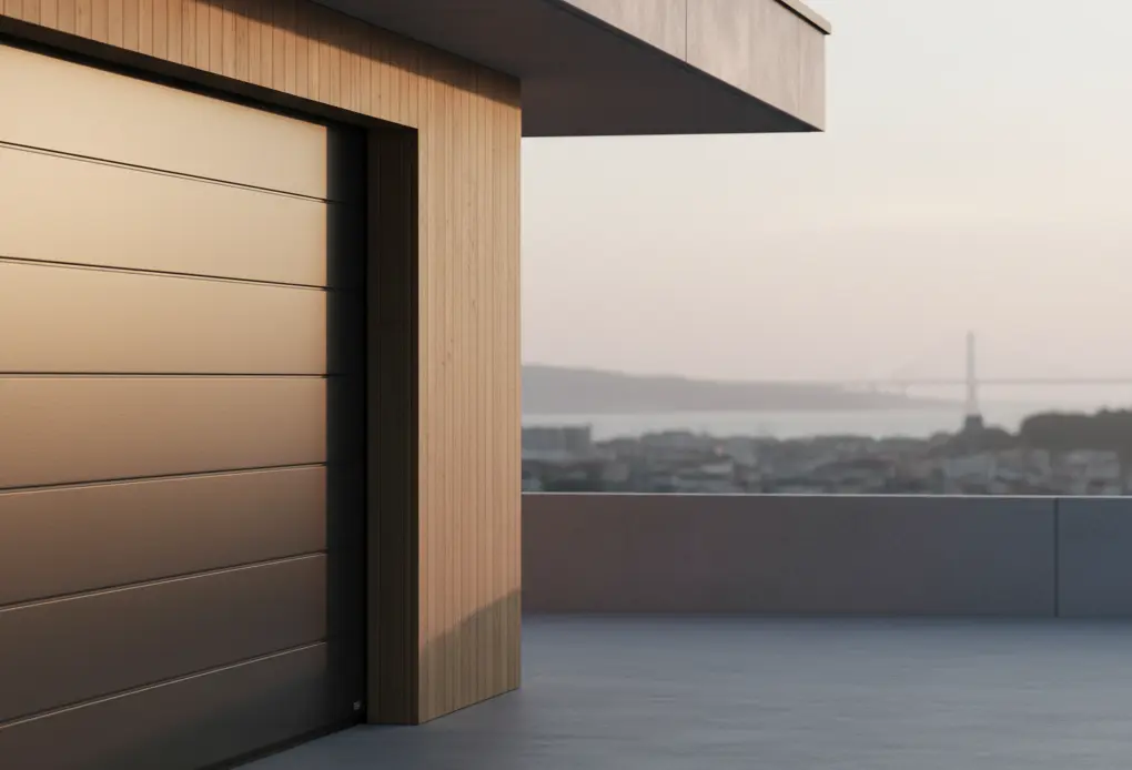 Puerta de garaje seccional automática en Vigo Puerta de garaje seccional lisa antracita en vivienda moderna de Vigo con vista al Puente de Rande, instalación y automatización PuertaPlus