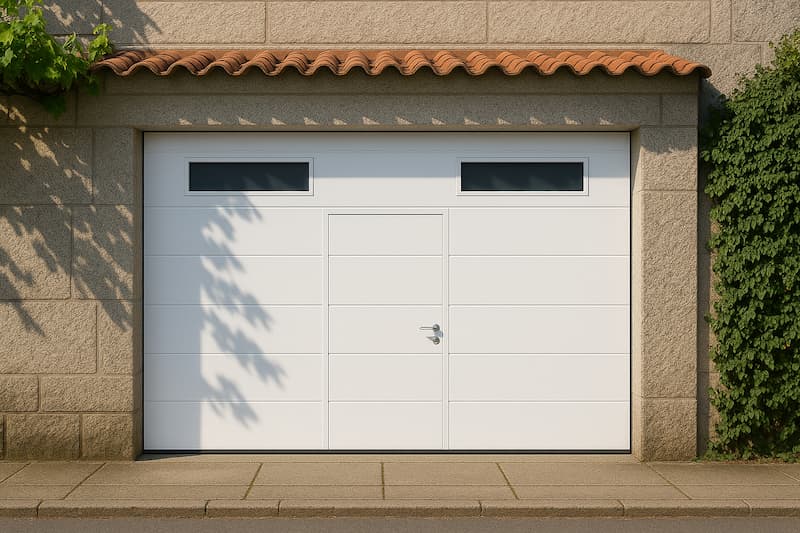 Puerta de garaje seccional automática Puerta de garaje seccional blanca con líneas horizontales, puerta peatonal centrada y dos ventanas rectangulares superiores, instalada en vivienda de piedra en Barrantes (Ribadumia, Pontevedra).