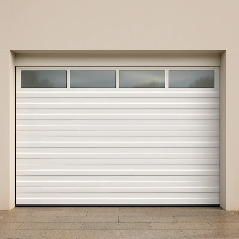 Puerta de garaje seccional blanca, panel acanalado con cuatro ventanas superiores, centrada y realista en fachada moderna de Galicia.
