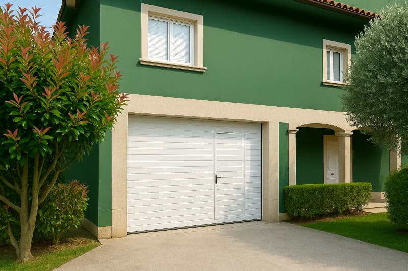 Puerta automática seccional blanca con acceso peatonal integrada en fachada verde, instalación en casa unifamiliar en Marín (Pontevedra)