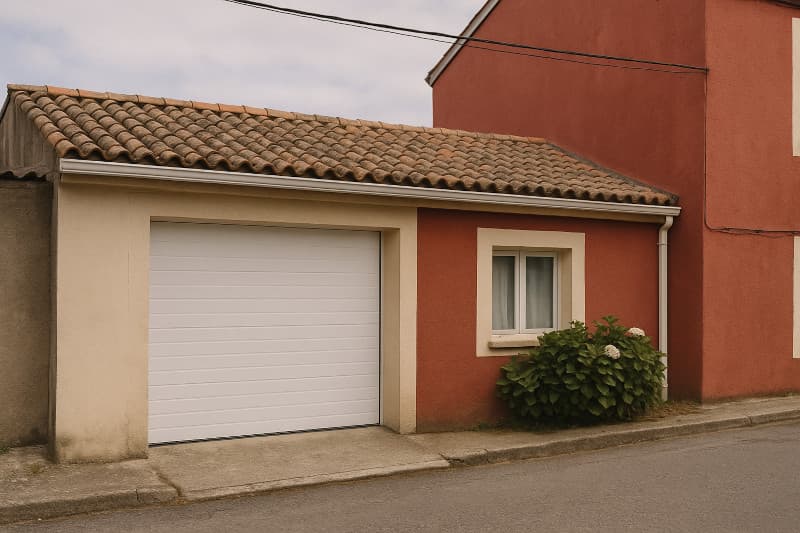 Puerta de garaje seccional blanca en Vilaxoán (Vilagarcía) Puerta de garaje seccional blanca instalada en vivienda tradicional de Vilaxoán, Vilagarcía de Arousa