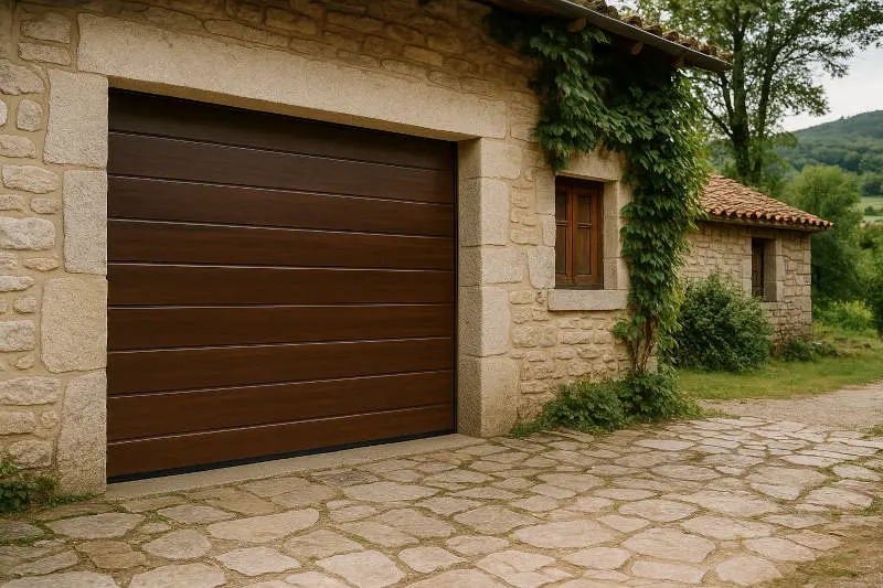 Puerta de garaje seccional de 1 canal en imitación madera oscura instalada en una casa de piedra con estilo rústico en la provincia de Pontevedra.