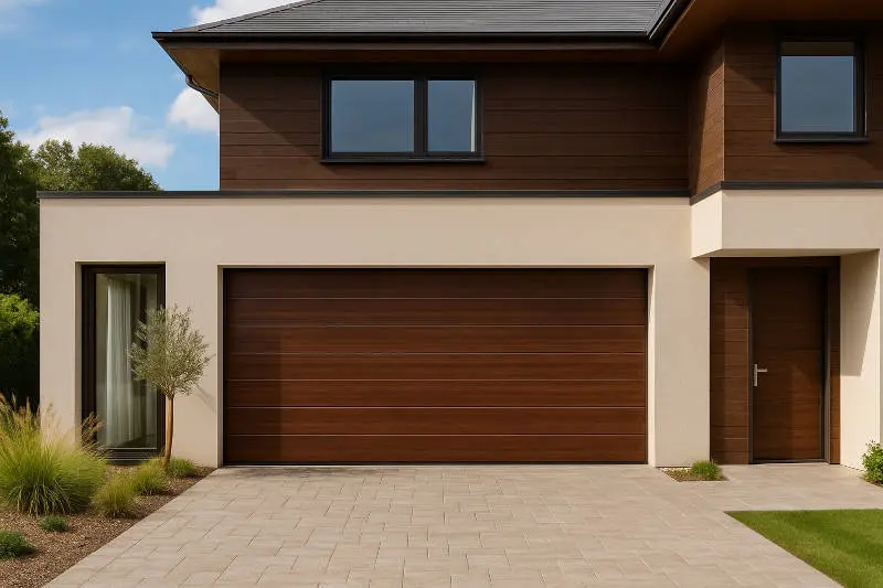 Vista exterior de una casa moderna con una puerta de garaje seccional de 1 canal en imitación madera oscura, que aporta elegancia a la fachada.