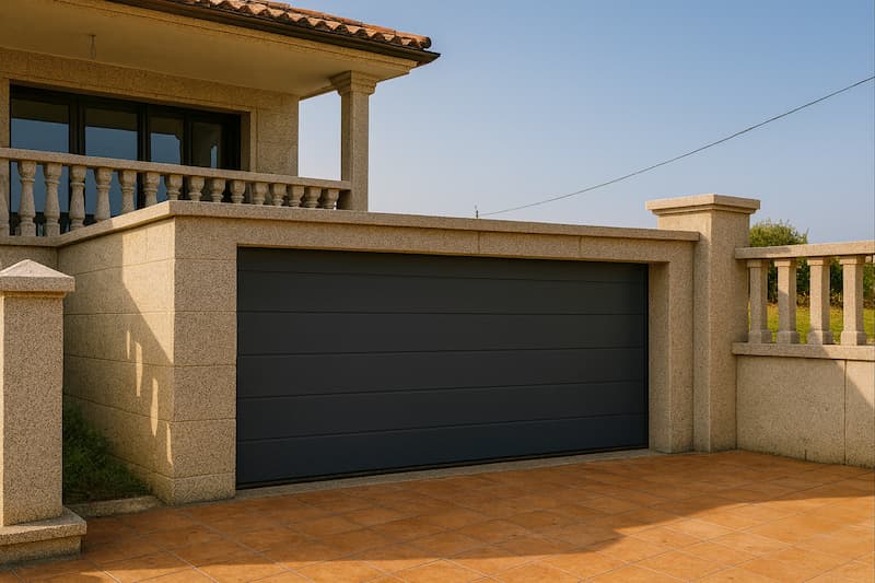 Puerta de garaje seccional gris antracita instalada cerca de la Playa de Compostela (Vilagarcía) Puerta de garaje seccional gris antracita en vivienda próxima a la Playa de Compostela, Vilagarcía de Arousa