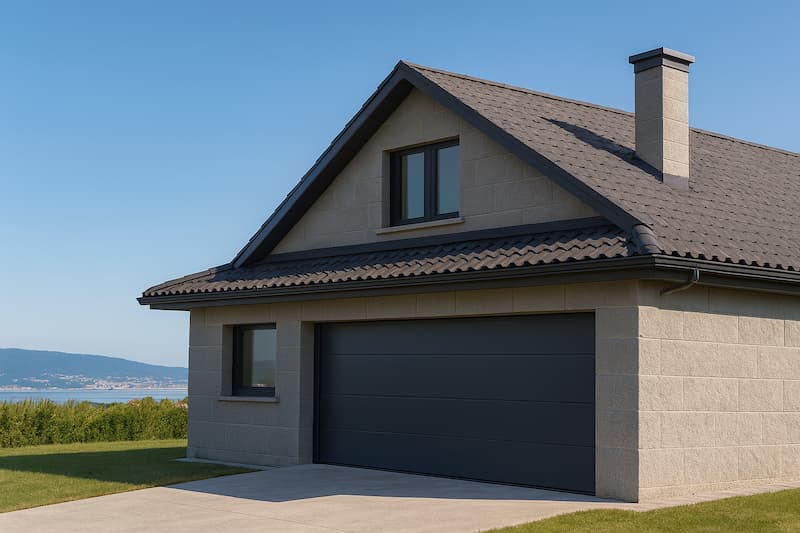 Vivienda unifamiliar en Ardán (Marín) con puerta de garaje automática gris antracita, fachada de piedra clara y vistas despejadas a la ría de Pontevedra