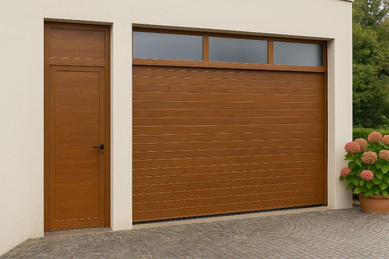 Puerta de garaje seccional color madera clara con puerta peatonal independiente, instalación profesional en vivienda de Teo