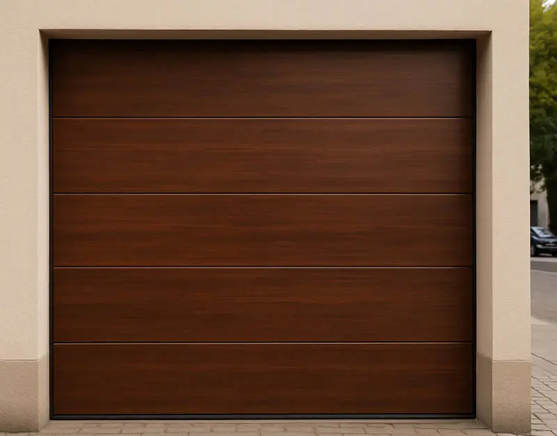 Puerta de garaje seccional lisa de 1 canal en imitación madera oscura con motor e instalación incluida en Pontevedra.