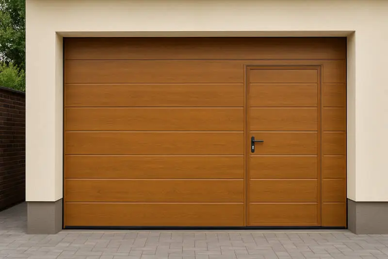Puerta automática de garaje lisa con acabado madera clara y veta visible, con puerta peatonal integrada, instalada en vivienda moderna en Pontevedra