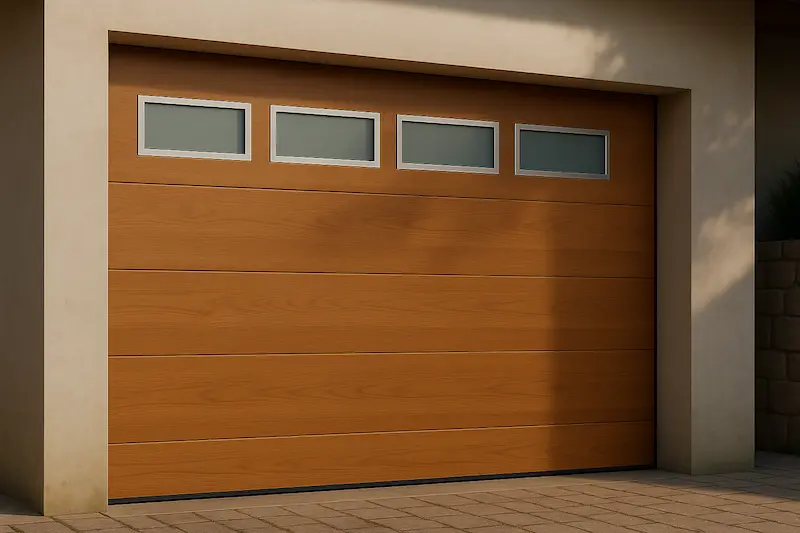 Puerta de garaje seccional automática en acabado madera oscura con cuatro paneles lisos y ventanas rectangulares alineadas en la parte superior, instalada en fachada de piedra.